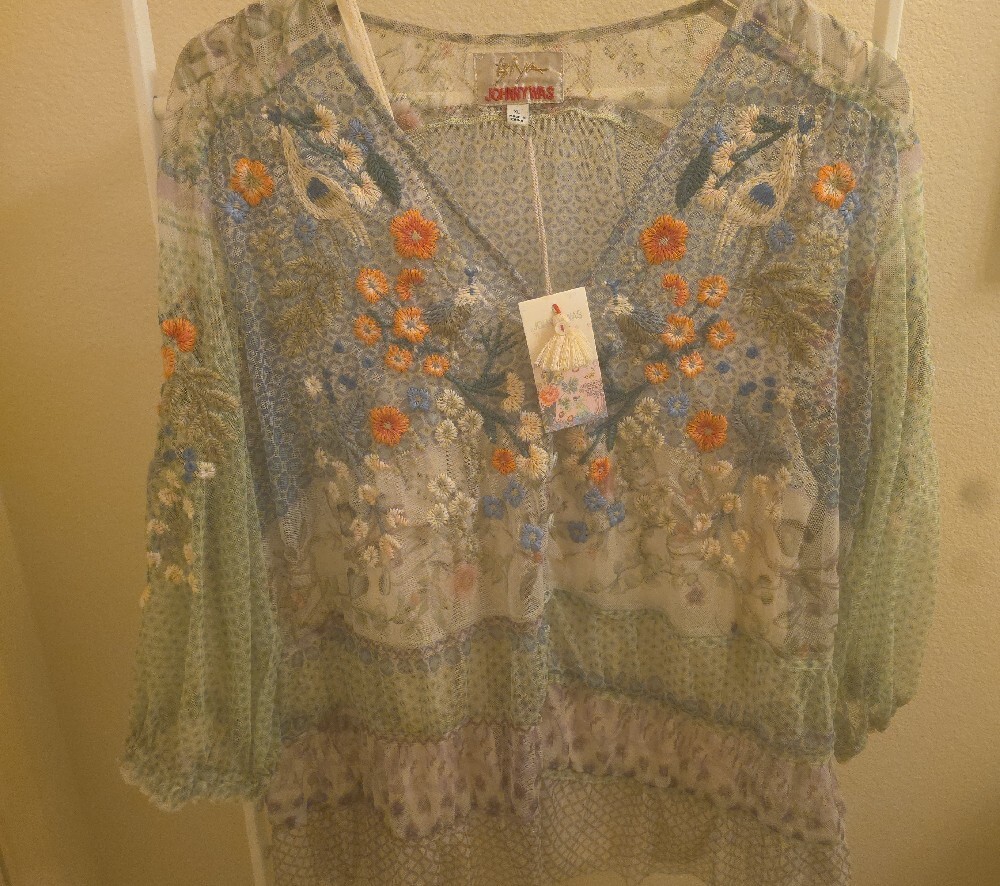 Johnny Was Blue Cream Sheer Embroidered V-Neck Tunic With Camisole